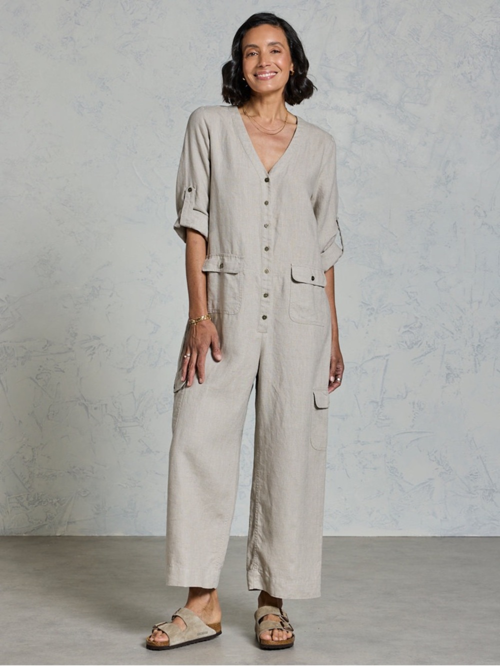 Nomad The Label Mara 100% French Linen Jumpsuit Flax Size M (AU 12) Wide Leg